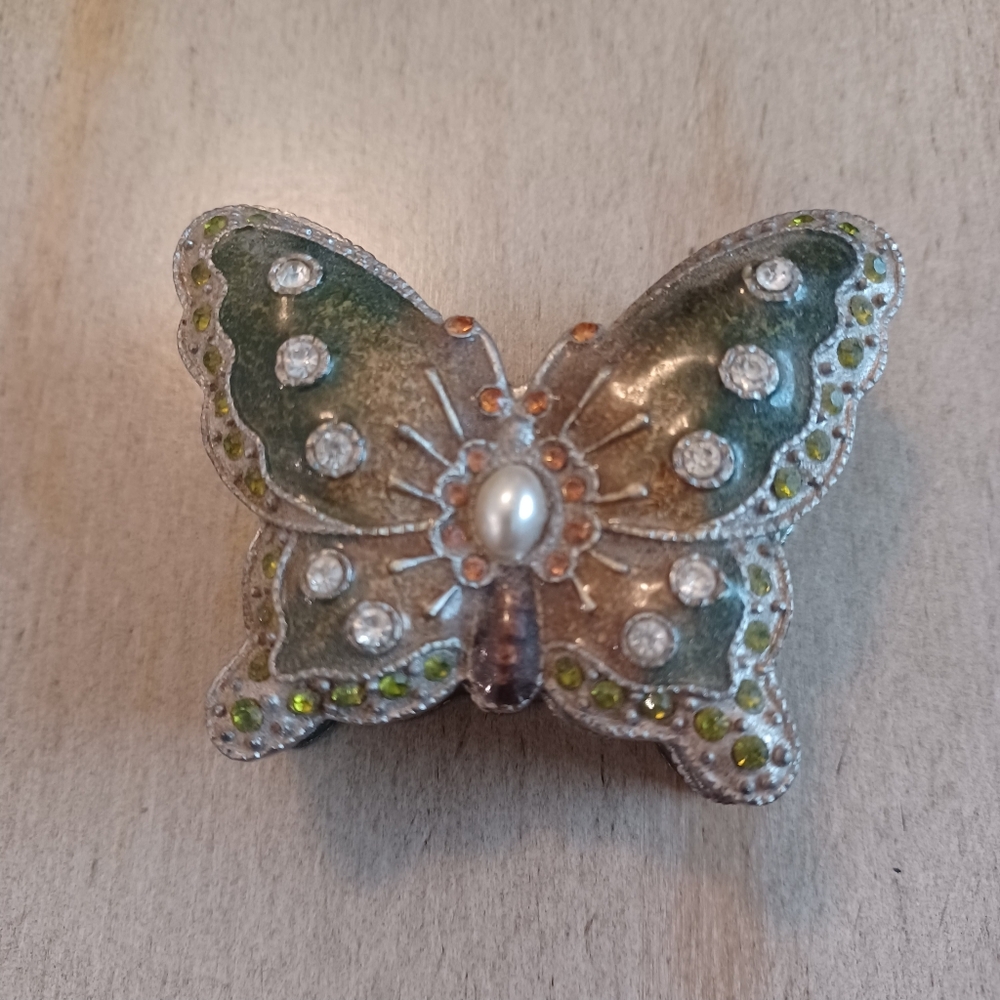 Vintage Green Enamel and Rhinestone Butterfly Trinket Box - Picture 6 of 6